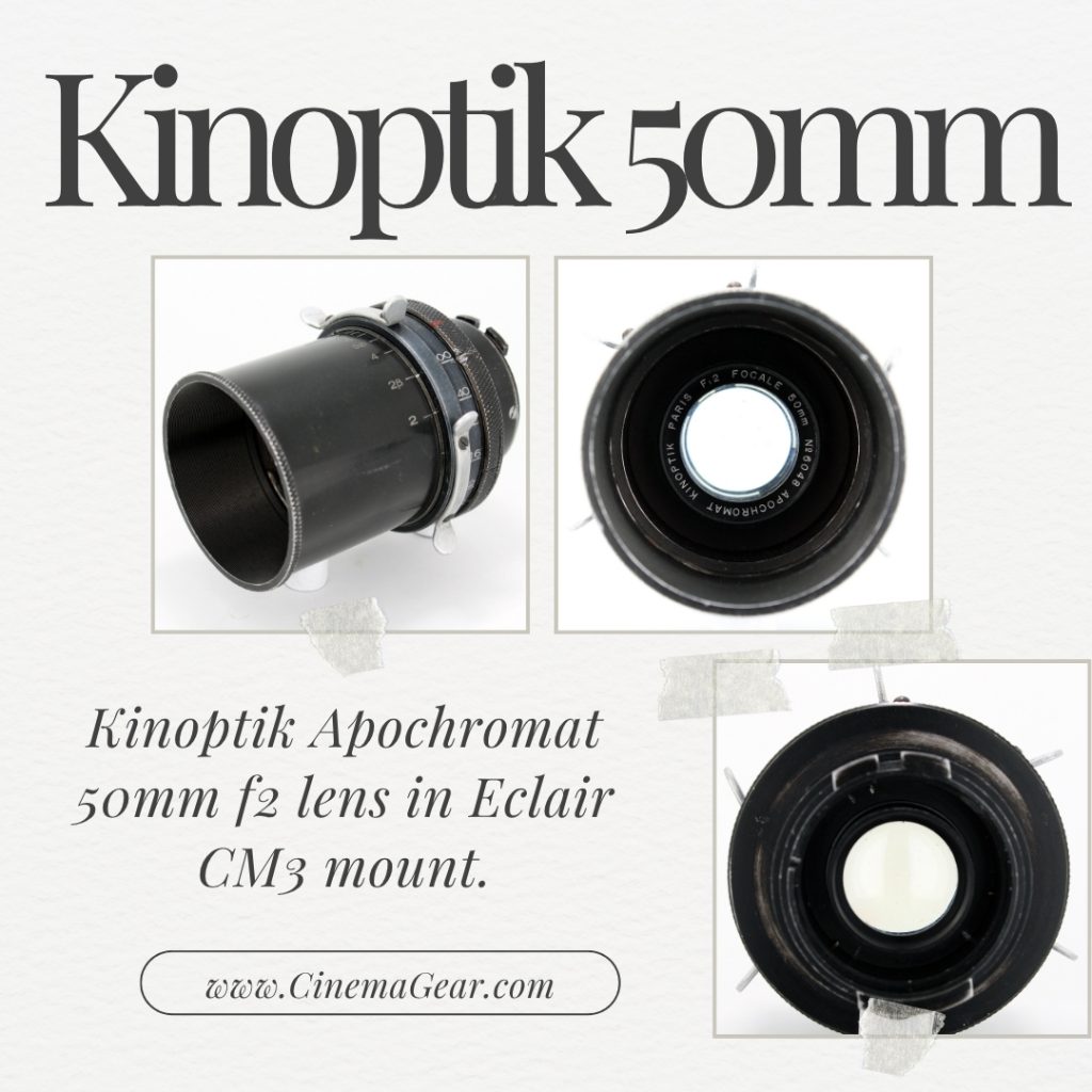 Three images of a Kinoptik 50mm f2 lens in Eclair CM3 mount