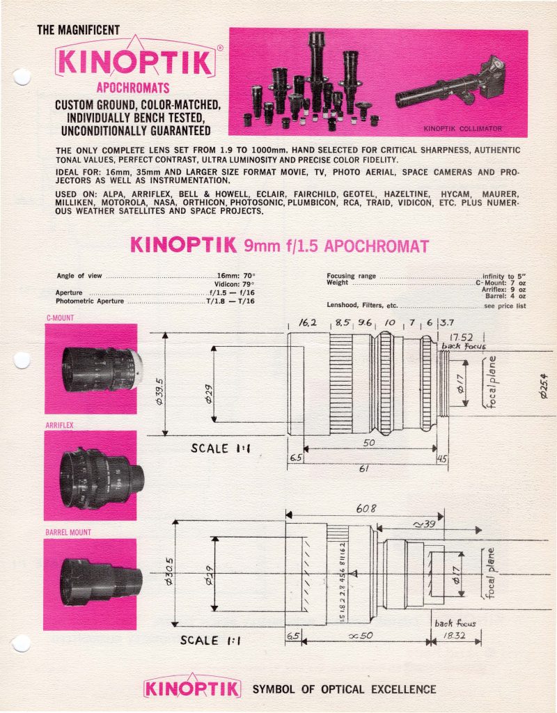 page from a 1975 Kinoptik catalog with diagrams of the 9mm Apochromat lens