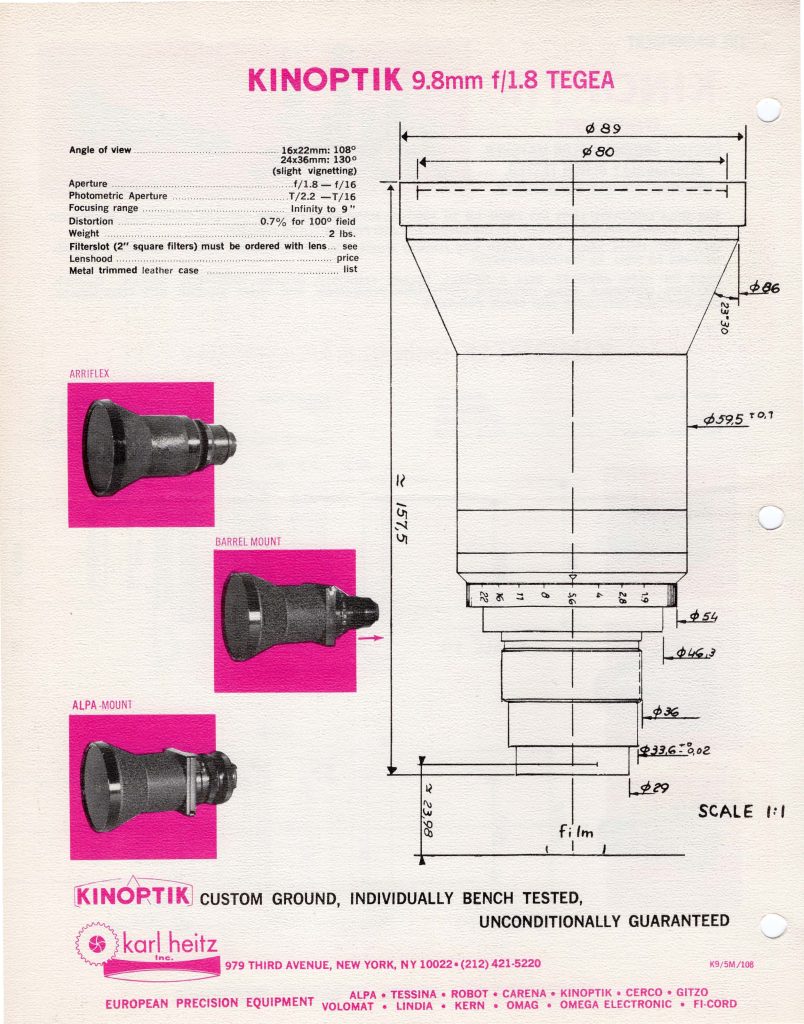 page from a 1975 Kinoptik catalog with a diagram of the Kinoptik 9.8mm Tegea lens