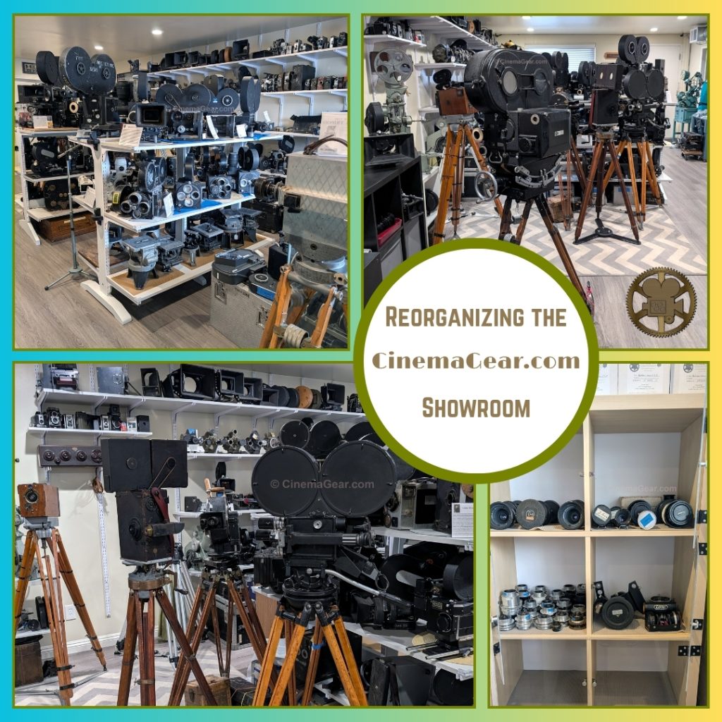 Four photos of our progress as we reorganize the showroom at CinemaGear, showing a room filled with 35mm and 16mm motion picture film cameras, some on tripods and some on shelves, along with a cabinet full of lenses.