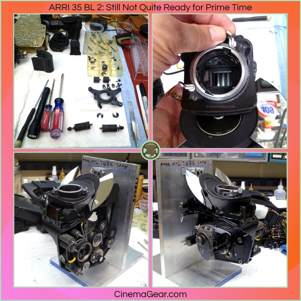 An ARRI 35 BL2 35mm film camera in various states of disassembly