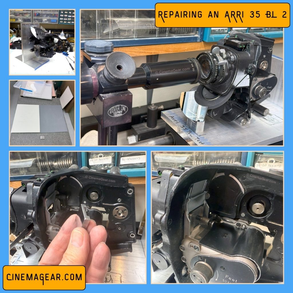 Five images of an ARRI 35 BL 2 camera in the process of being repaired