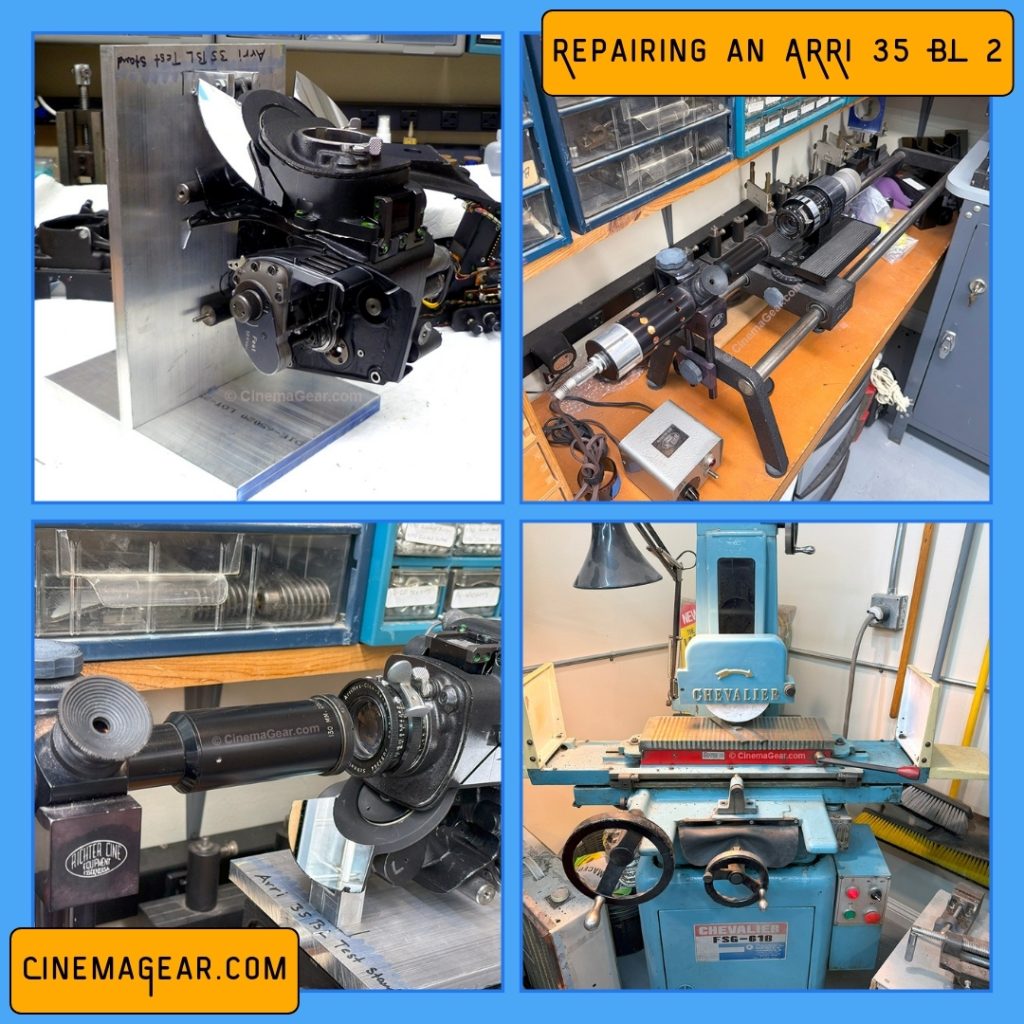 A grid of 4 images of the process of repairing an ARRI 35 BL 2 camera: (top left) the camera midrib on a fixture plate; (top right) collimating a lens on the autocollimator; (bottom left) a close-up of the lens mounted on the camera, both sitting on the autocollimator; (bottom right) machining a fixture on the surface grinder.