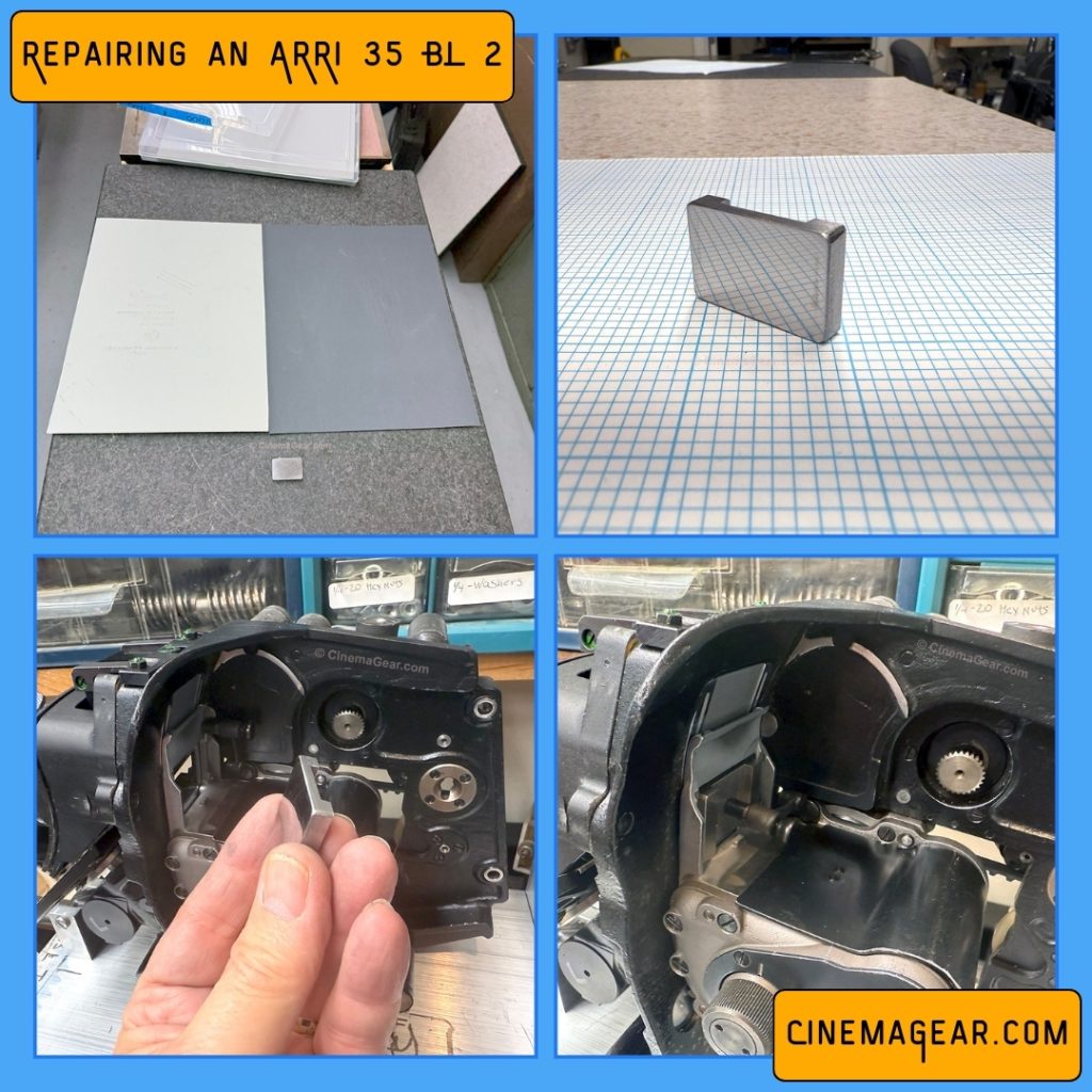 A grid of 4 images of the process of repairing an ARRI 35 BL 2 camera: (top left) preparing to lap and polish to modified fixture; (top right) the modified fixture during the polishing process; (bottom left) a close-up of the finished fixture about to be fitted on the film plane; (bottom right) the fixture mounted on the film plane.