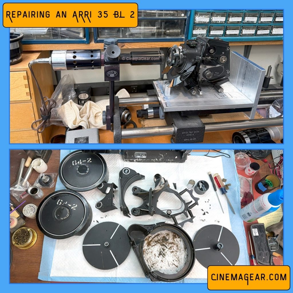 Two images of the process of repairing an ARRI 35 BL 2 camera: (top) the camera on its fixture plate sitting on the autocollimator; (bottom) the 400’ magazine disassembled.