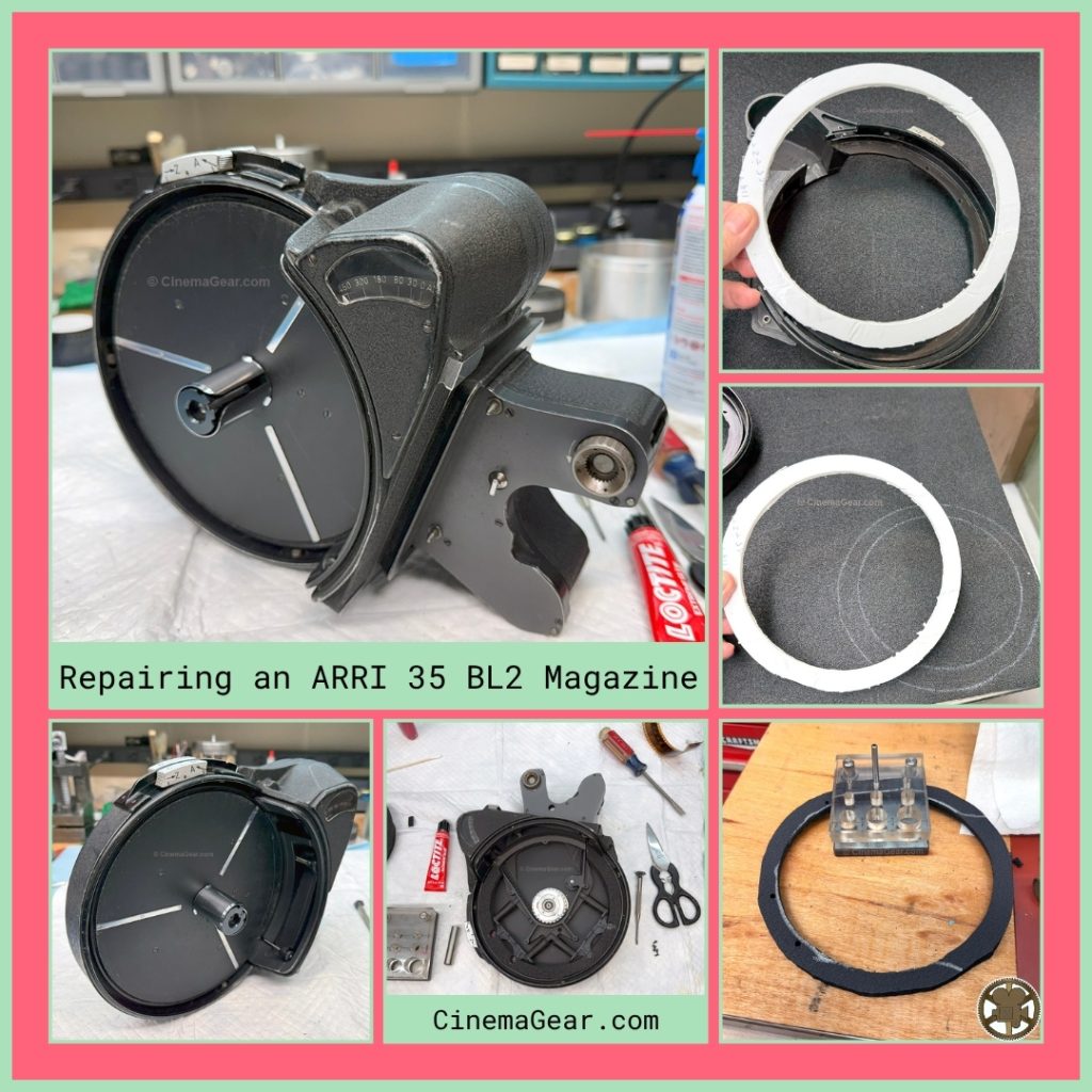 A series of six images of the process of repairing the 400’ magazine for an ARRI BL2 camera.