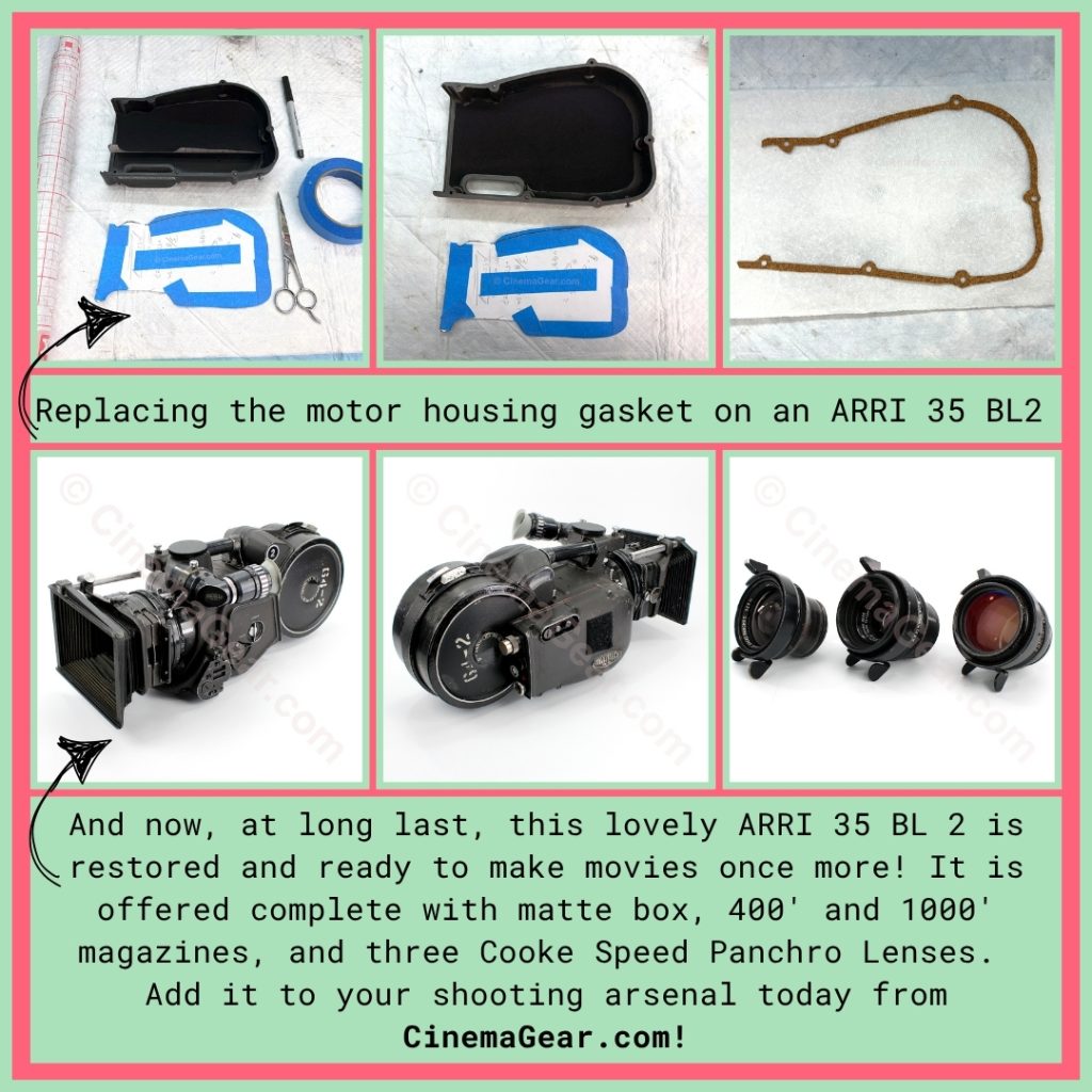 A series of 3 images of the process of replacing the motor housing gasket on an ARRI 35 BL 2, and a series of 3 images of the finished ARRI 35 BL 2 camera with its set of 3 Cook Speed Panchro lenses.