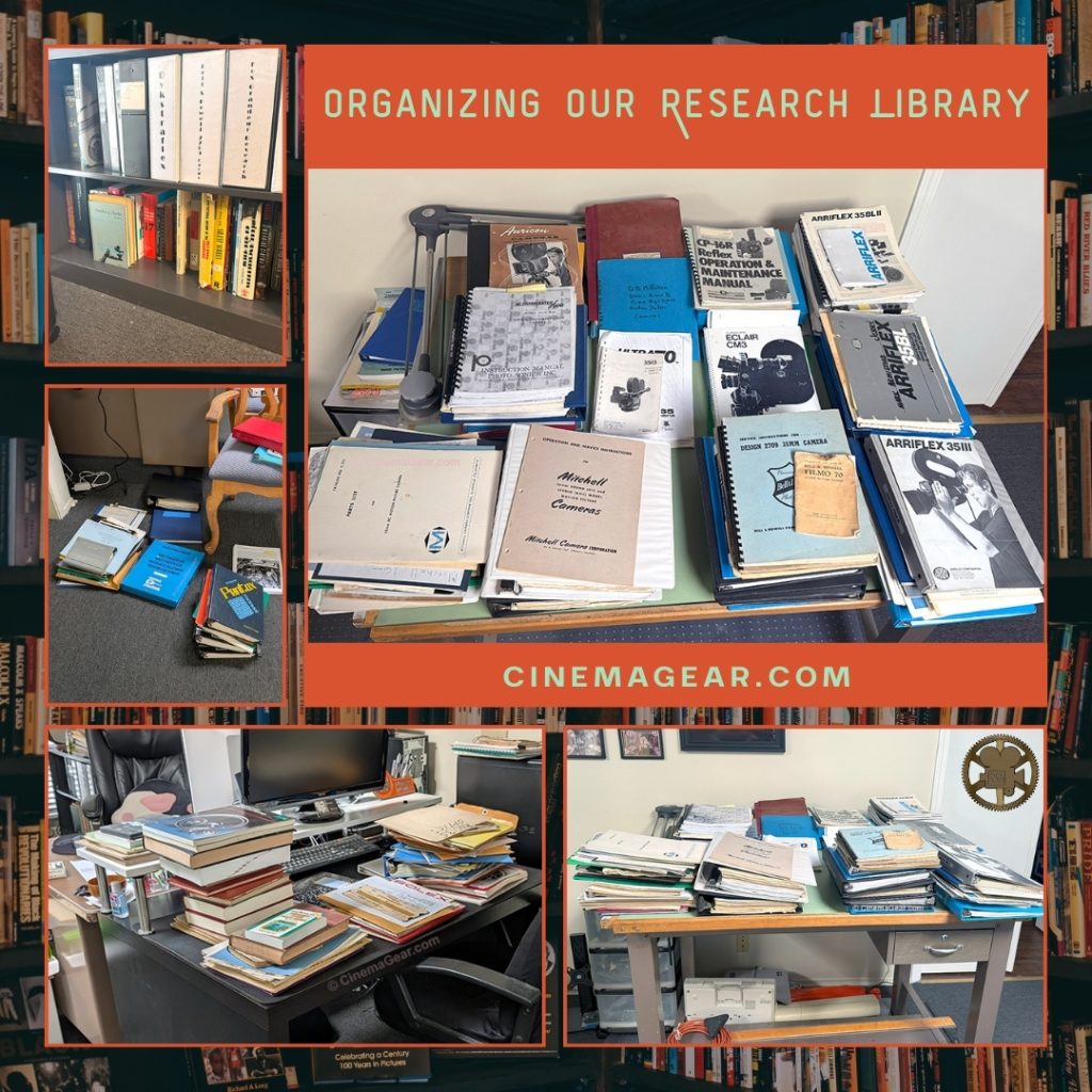 Organizing our library of camera manuals, advertising, research materials, and assorted historical documentation. The collection includes operation and service manuals and other documents from Mitchell Camera Corporation, Bell and Howell, Arriflex, Cinema Products, Photosonics, Auricon, Fries Engineering, Nagra, and others.