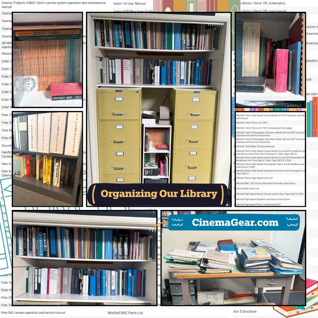 Organizing our library of camera manuals, advertising, research materials, and assorted historical documentation. The collection includes operation and service manuals and other documents from Mitchell Camera Corporation, Bell and Howell, Arriflex, Cinema Products, Photosonics, Auricon, Fries Engineering, Nagra, and others.