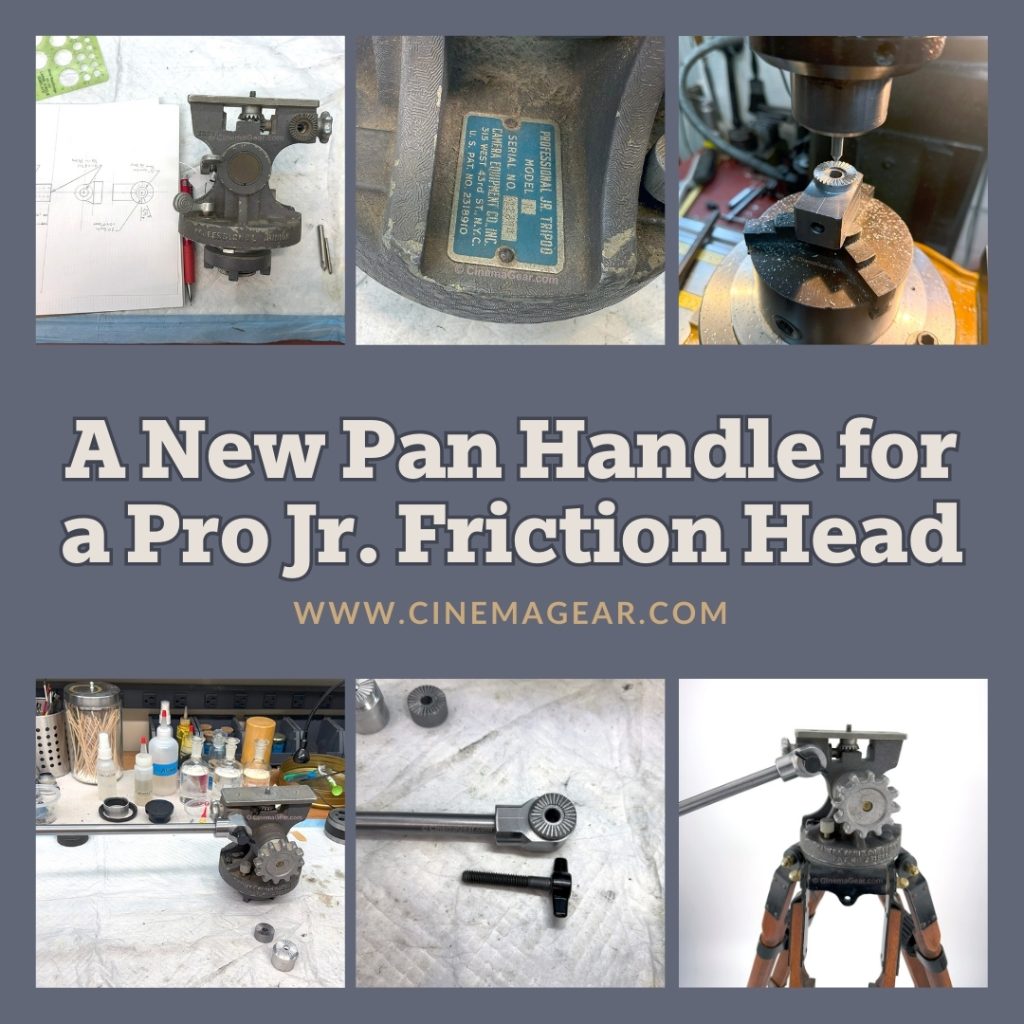 Six images of the process of creating a new pan tilt handle for the Pro Jr. friction head