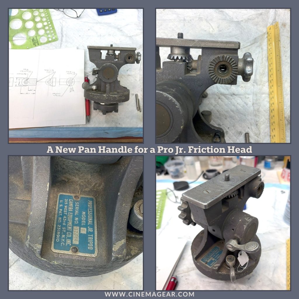Four images of a Camera Equipment Company Pro Jr. pan tilt head with a close-up on the rosette where the pan handle attaches and on the name plate from the side of the friction head
