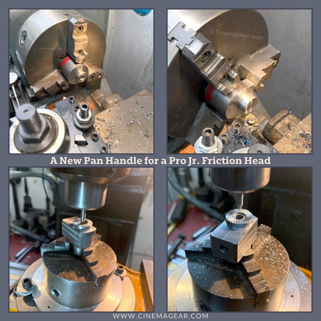 Four images of the beginning of the machining process of the replacement rosette and pan handle socket for a Camera Equipment Company Pro Jr. friction head