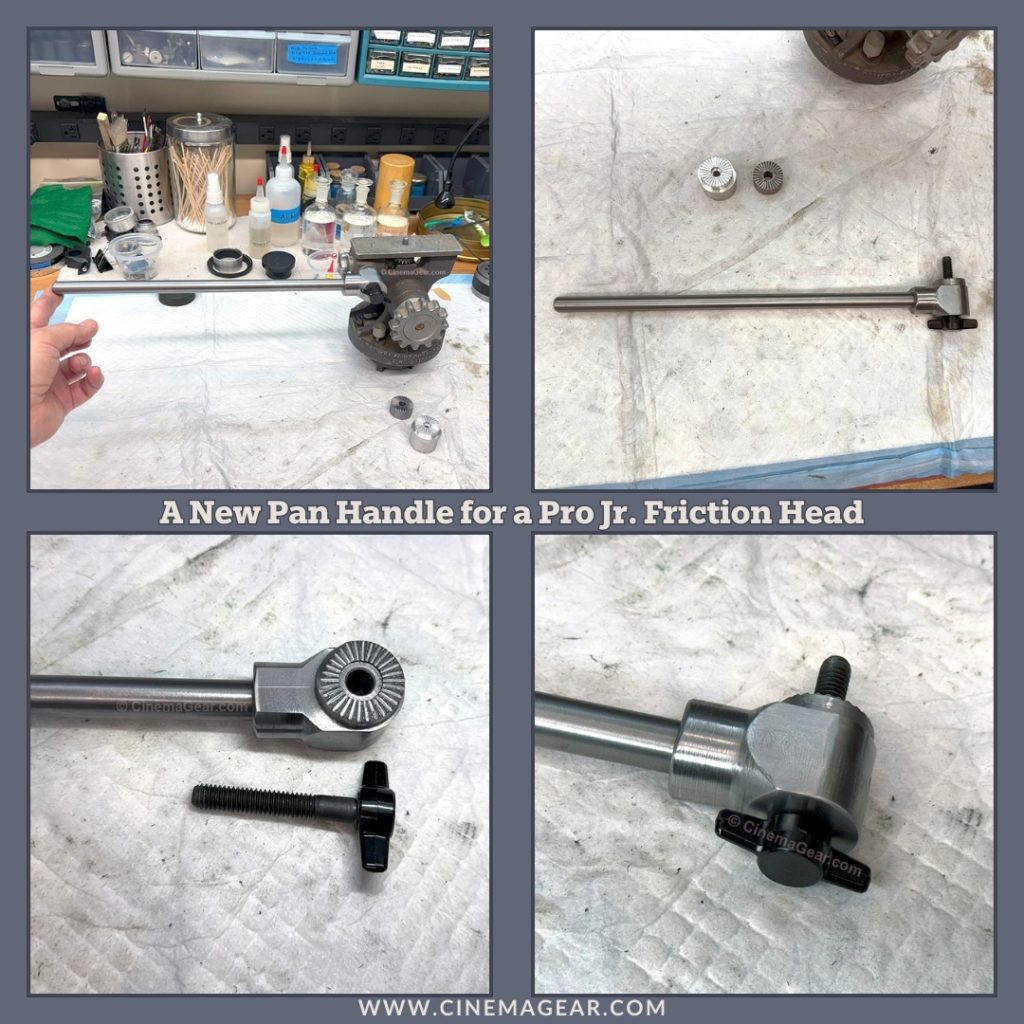 Four images of the newly machined replacement rosette and pan handle socket with pan handle for a Camera Equipment Company Pro Jr. friction head