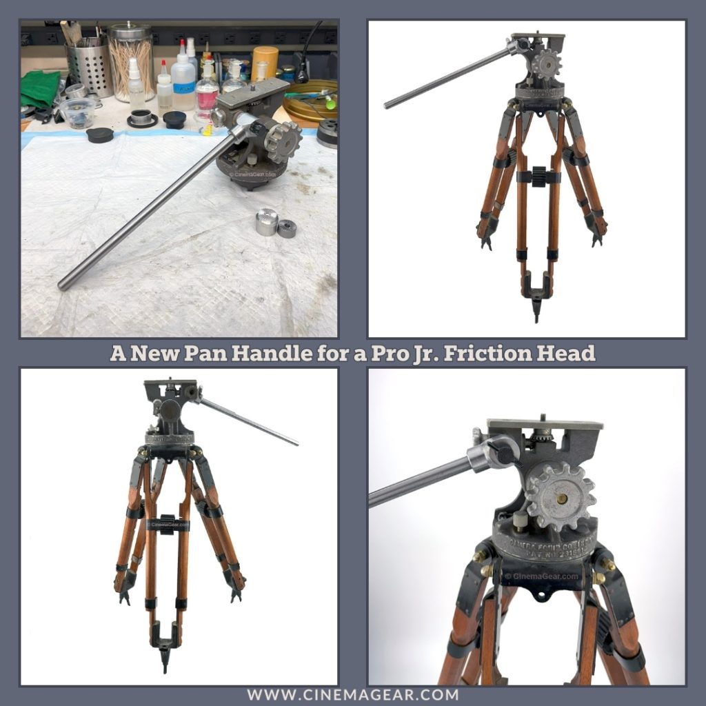 Four images of the Camera Equipment Company Pro Jr. friction head on a tripod with replacement rosette and pan handle socket and new pan handle