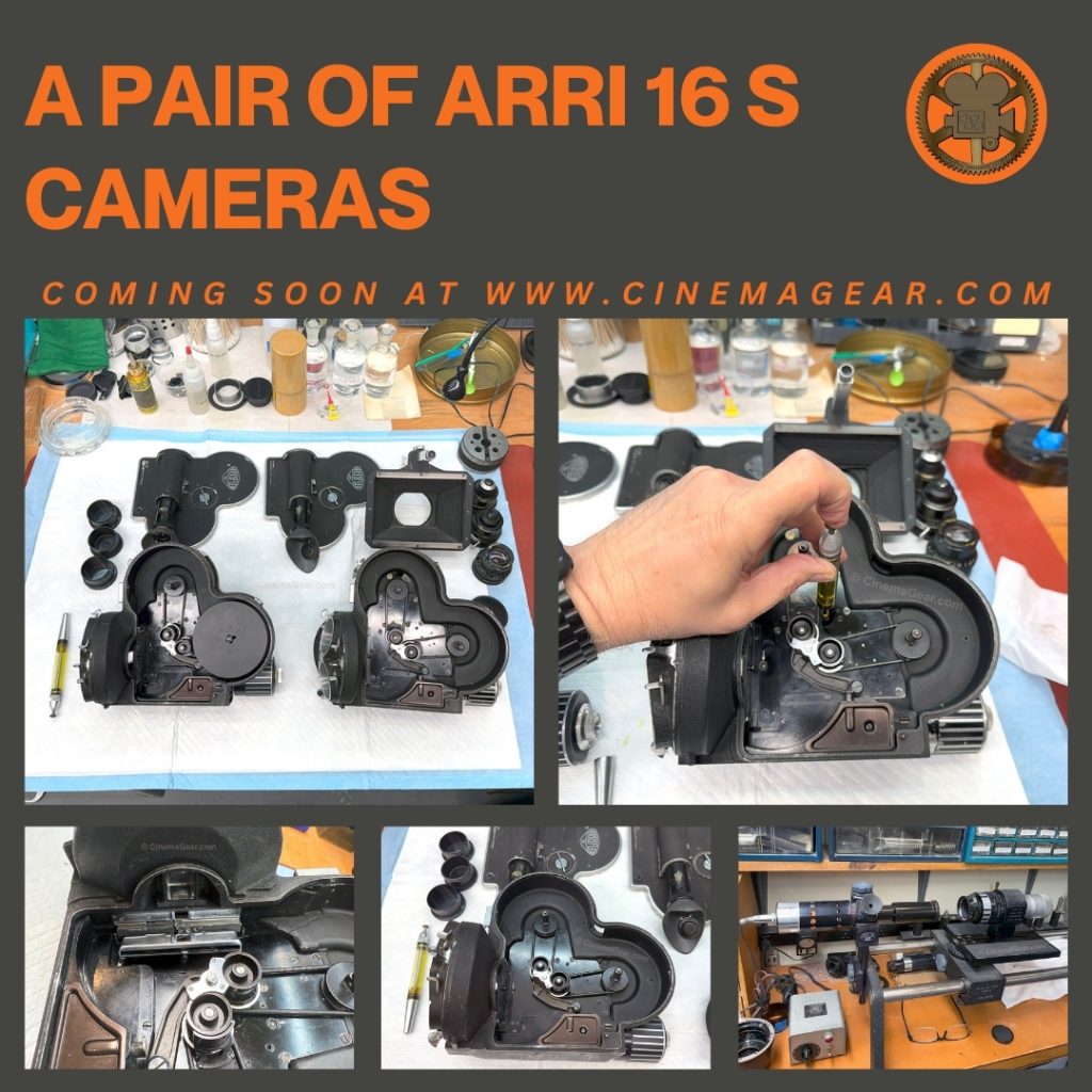 Five images of the process of cleaning and servicing a pair of ARRI 16 S cameras