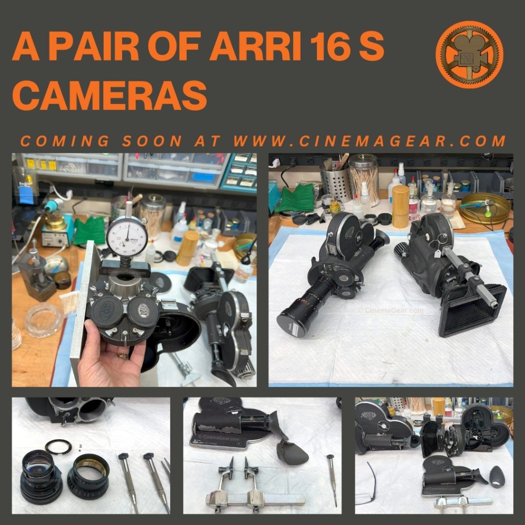 Five images of the process of cleaning and servicing a pair of ARRI 16 S cameras