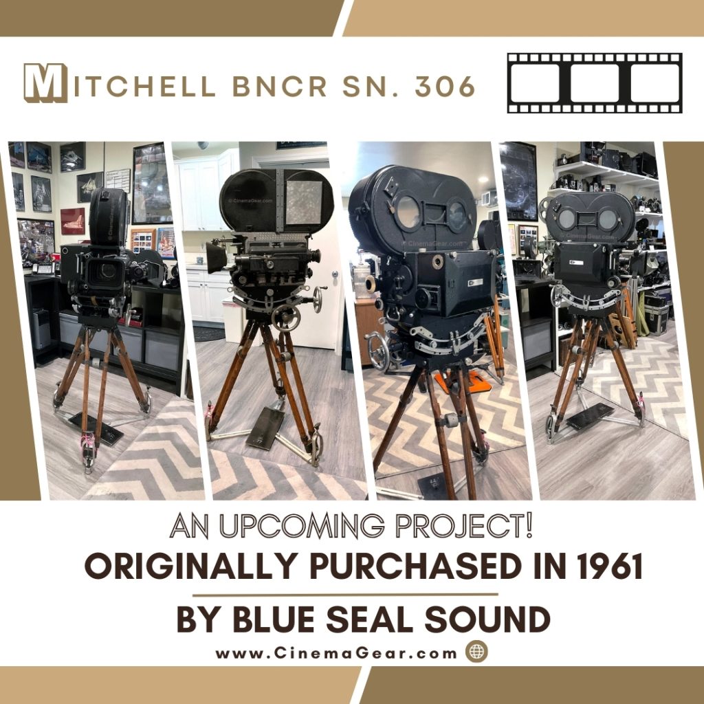 Mitchell BNCR sn. 306 35mm motion picture camera on a Worrall geared head and a heavy duty wooden tripod