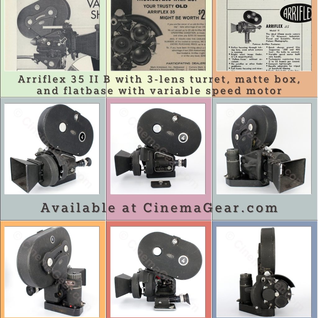 Arriflex 35 II B 35mm camera with original 3-lens turret, matte box, and flatbase with variable speed motor