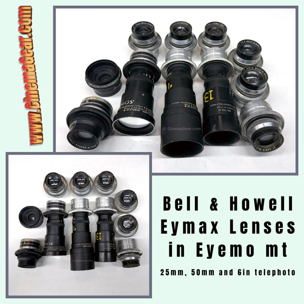 Bell & Howell Eymax 25mm, 50mm, and 6in lens in Bell & Howell Eyemo mount