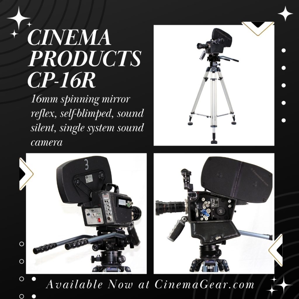 Cinema Products CP-16R 16mm motion picture film camera with Angenieux 12-120mm T2.2 zoom lens, Peter Lisand Ultra 1 Fluid Head, and Peter Lisand all-aluminum tripod with built-in spreader