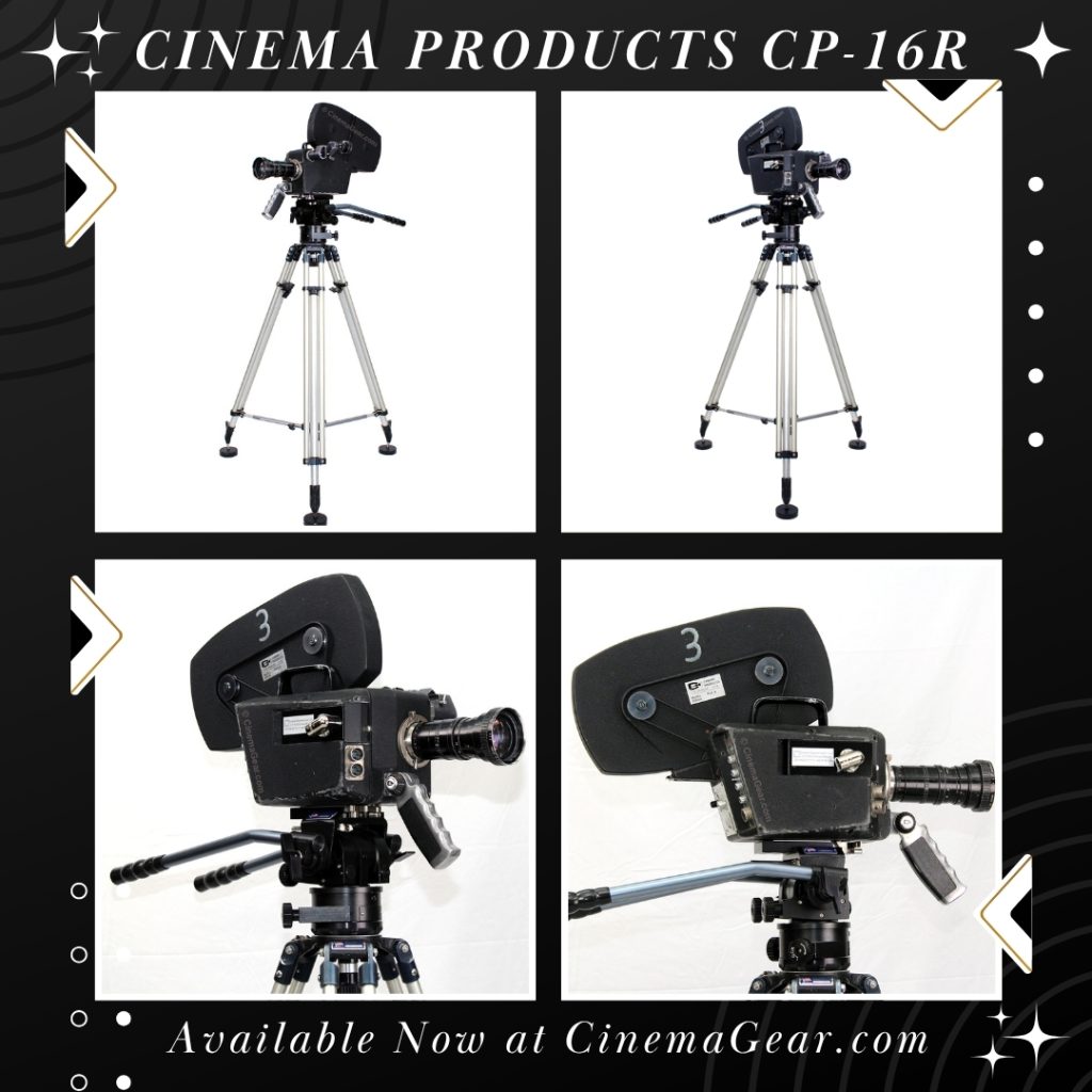 Cinema Products CP-16R 16mm motion picture film camera with Angenieux 12-120mm T2.2 zoom lens, Peter Lisand Ultra 1 Fluid Head, and Peter Lisand all-aluminum tripod with built-in spreader