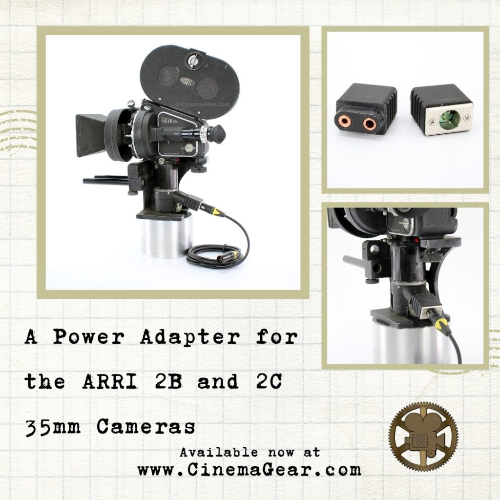 A power adapter for the ARRI 2B and 2C 35mm cameras designed and printed in-house at CinemaGear.com