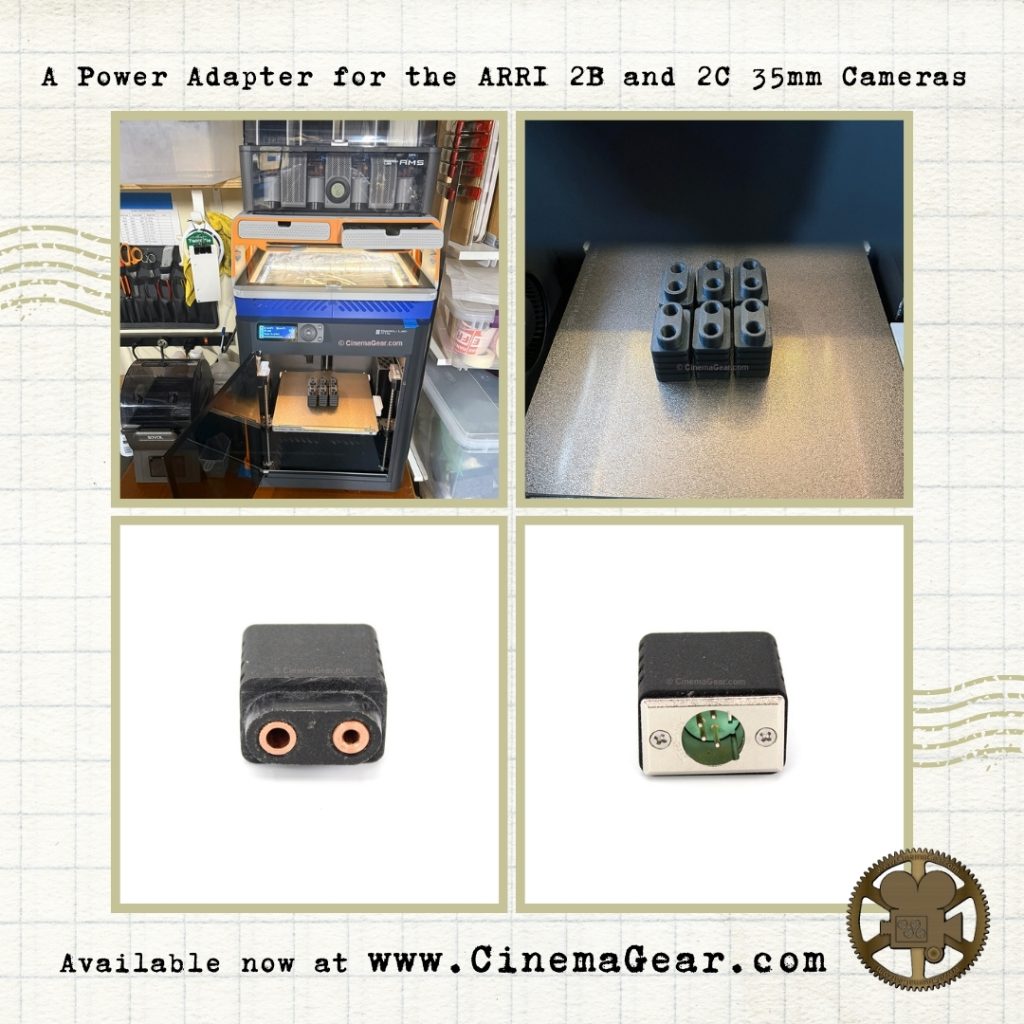 A power adapter for the ARRI 2B and 2C 35mm cameras designed and printed in-house at CinemaGear.com