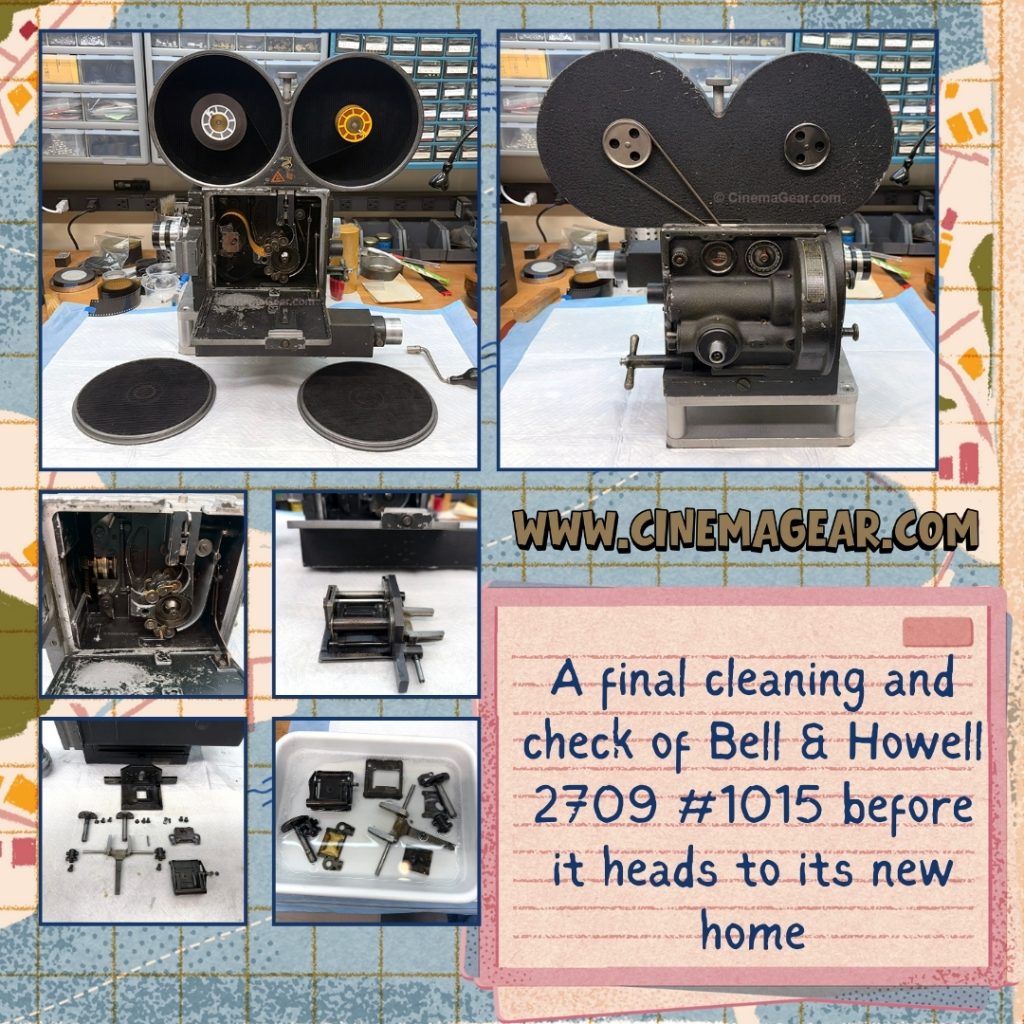 A series of 6 images of Bell & Howell 2709 serial number 1015, one with the main camera door and magazine opened and the camera threaded with film, one of the opposite side of the camera, and four of the camera and movement in various stages of being serviced.