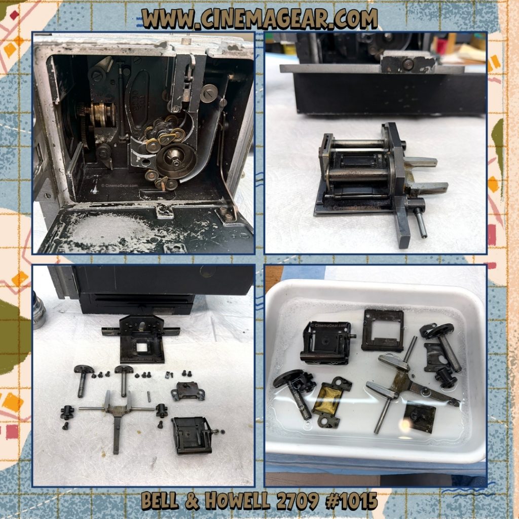 A grid of 4 images of Bell & Howell 2709 serial number 1015: (top left) the inside of the camera door with the movement removed; (top right) the movement out of the camera; (bottom left) the movement disassembled; (bottom right) the movement being cleaned.