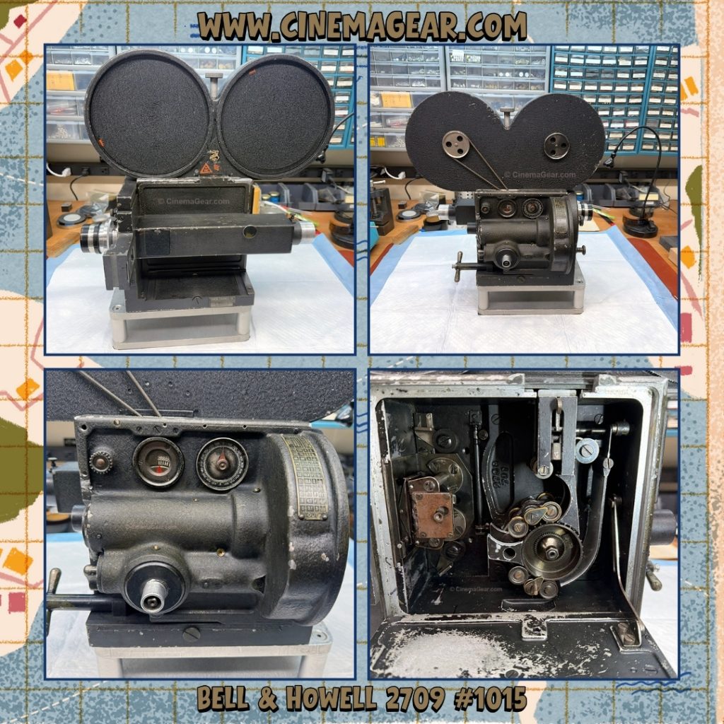 A grid of 4 images of Bell & Howell 2709 serial number 1015: (top left) one side of the camera with the magazine mounted on top and the door closed; (top right) the other side of the camera; (bottom left) a close-up of the hand-crank side of the camera; (bottom right) the inside of the camera with the movement reinstalled.