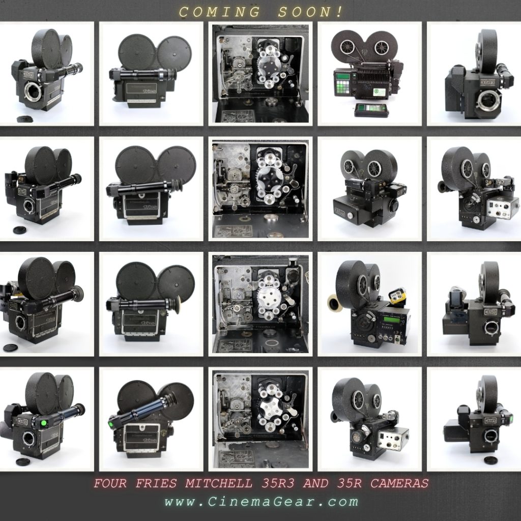 A quartet of Fries Mitchell 35R and 35R3 motion picture film cameras, shown from various angles