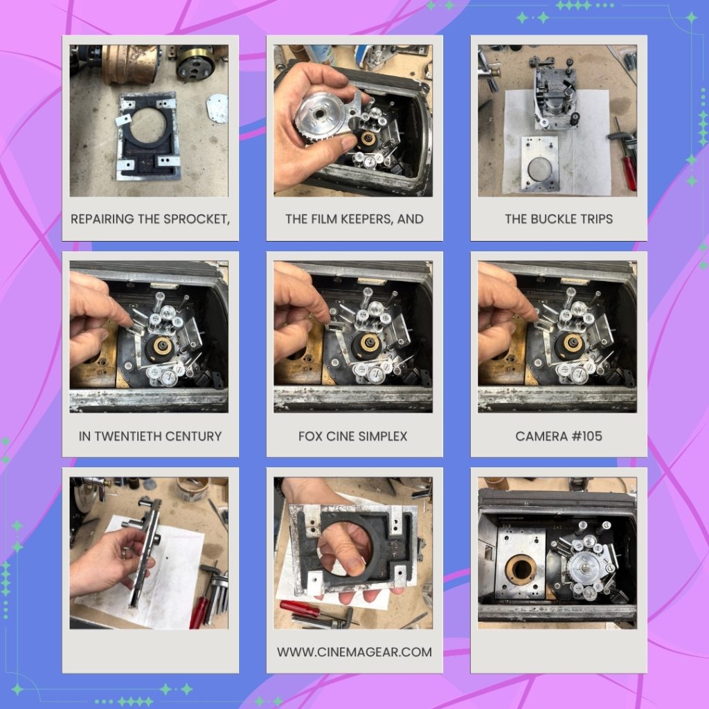 Continuing repairs on Twentieth Century-Fox Cine Simplex camera sn. 105