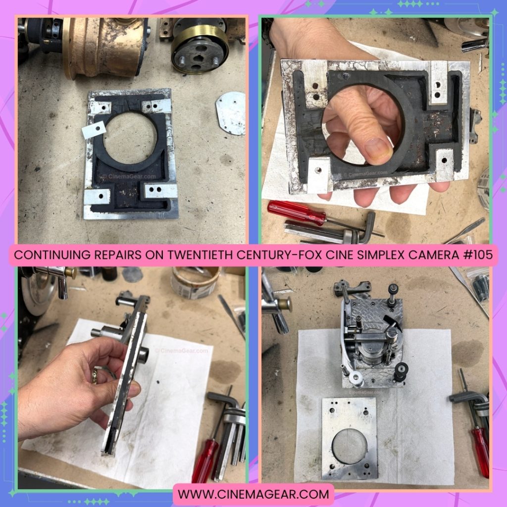 Continuing repairs on Twentieth Century-Fox Cine Simplex camera sn. 105
