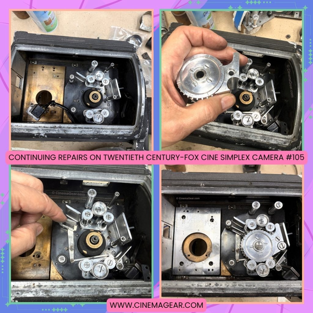 Continuing repairs on Twentieth Century-Fox Cine Simplex camera sn. 105