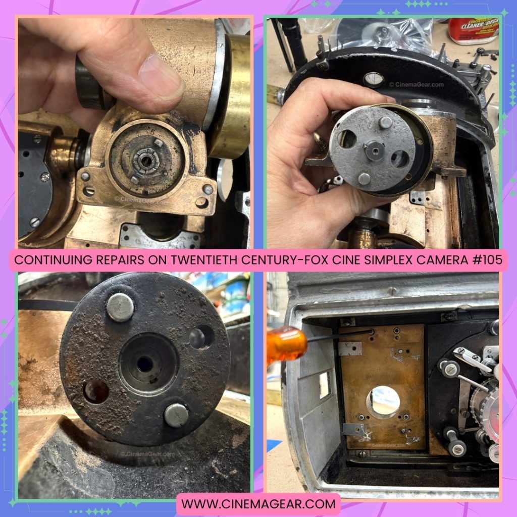 Continuing repairs on Twentieth Century-Fox Cine Simplex camera sn. 105