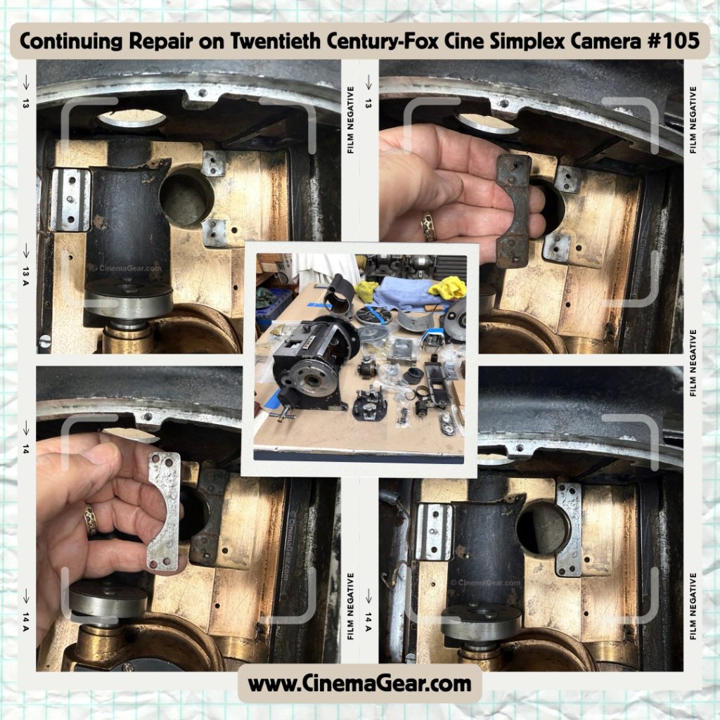 Continuing repairs on Twentieth Century-Fox Cine Simplex camera sn. 105