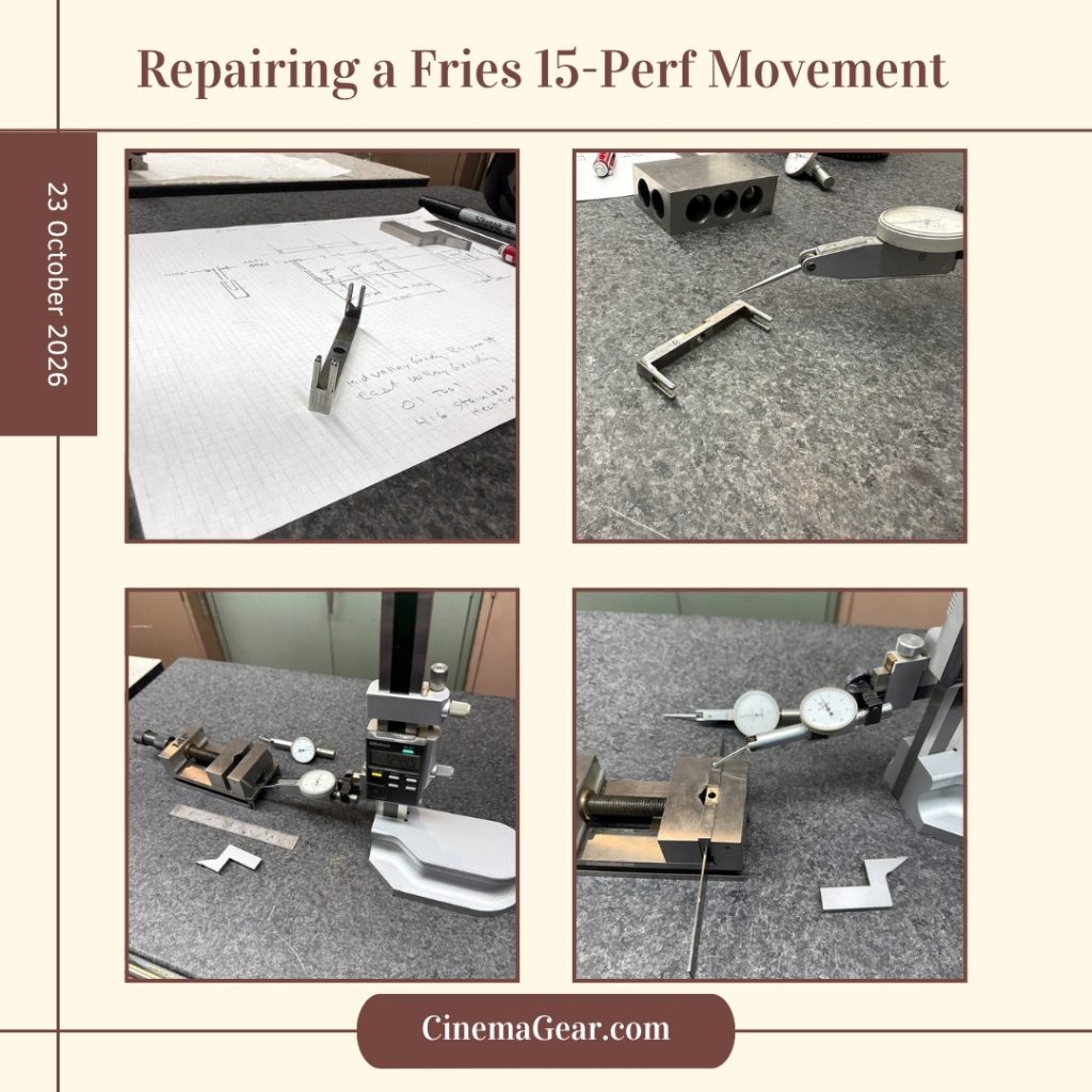 Assessing the damage to the pull-down claw from a Fries 15-perf camera movement.