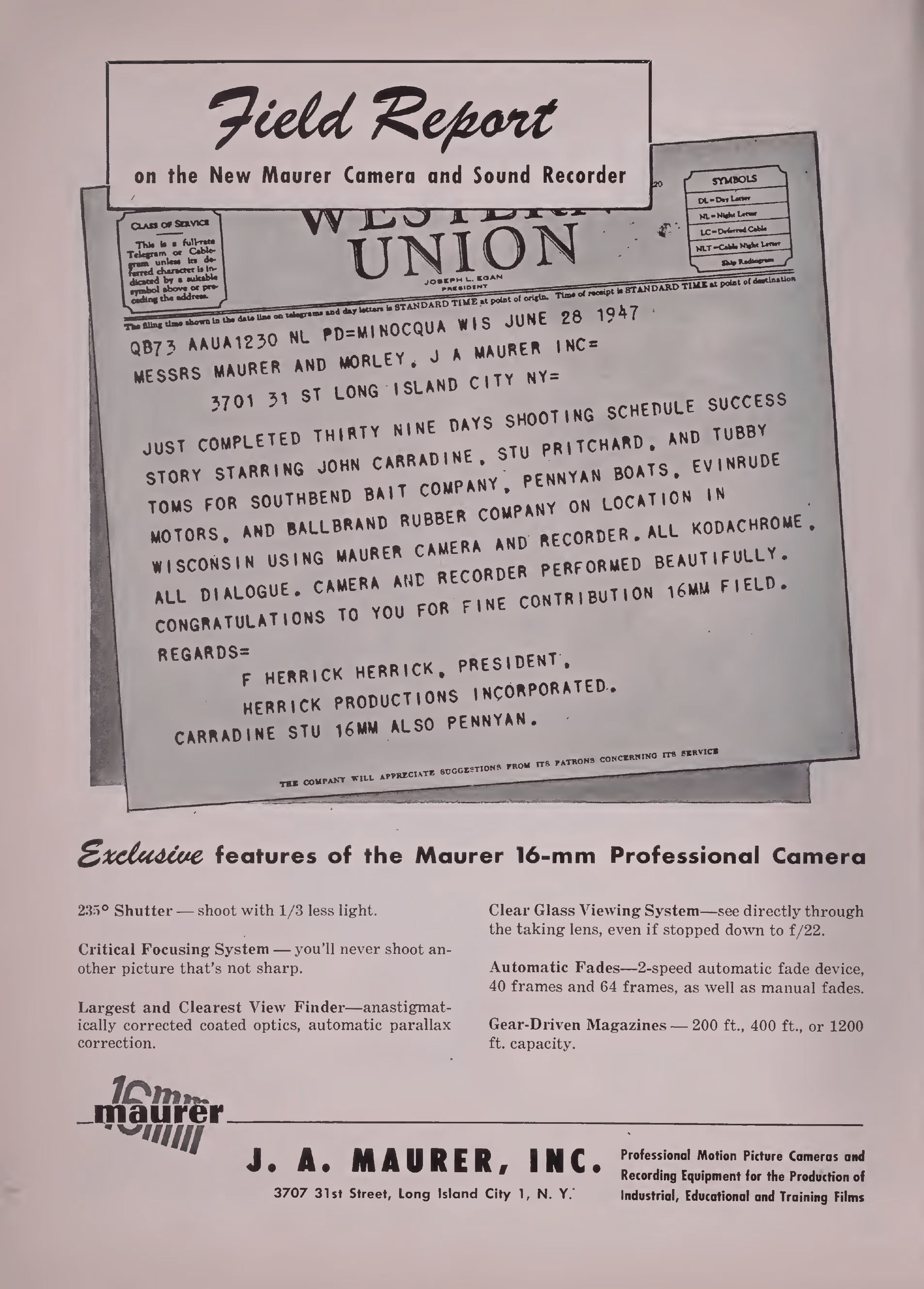 Maurer Professional 16mm Camera Model 05 camera advertisement from American Cinematographer magazine in September 1947
