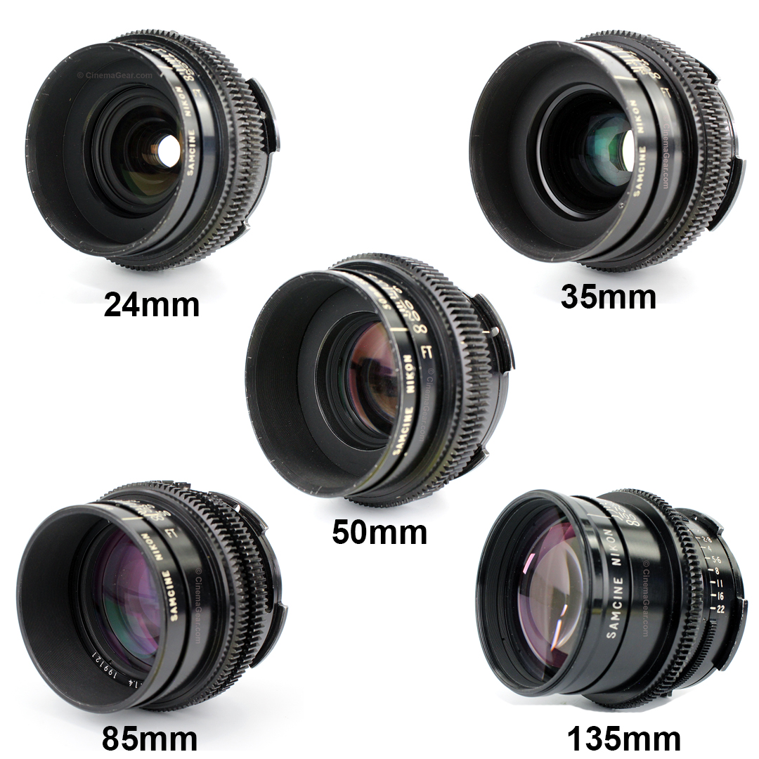 SamCine Nikon lens set: 24mm T2, 35mm T1.4, 50mm T1.2, 85mm T1.4 and 135mm T2, all in BNCR mount