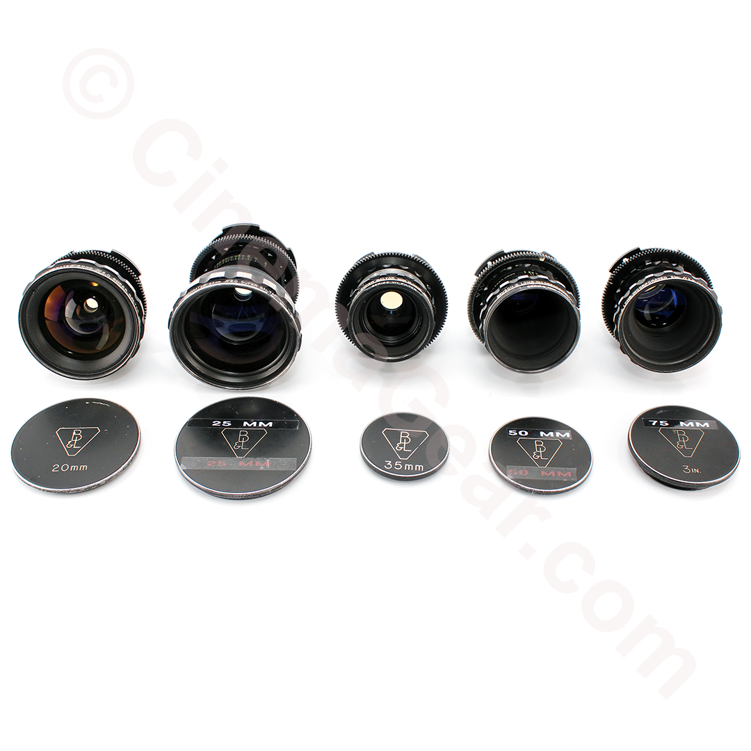 Bausch and Lomb Super Baltar lens set including 20mm, 25mm, 35mm, 50mm, and 75mm f2.0 in Mitchell MK II mounts with BNCR adapters